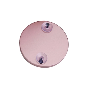 Close-up of pink round makeup mirror base with dual suction cups on white background