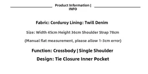 Detailed size chart for retro ethnic crossbody bag with corduroy fabric and tie closure