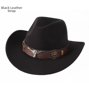 Detail of black western cowboy hat featuring brown leather band and silver bull head ornament
