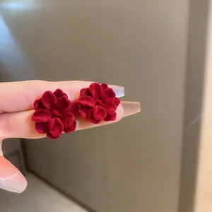 French vintage deep red velvet flower stud earrings with 3D multilayered petals design