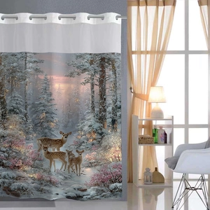 Detail view of winter forest deer print on waterproof polyester shower curtain with metal rings