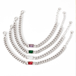 Bracelets à maillons cubains argentés polis avec pierres de zircon rectangulaires