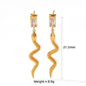Boucles d'oreilles serpent dorées style français avec zircon rectangulaire et écailles