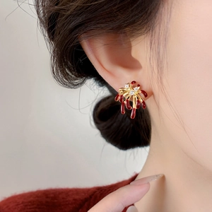 Elegant 18k gold plated red firework stud earrings featuring zircon and enamel inlay