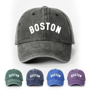 Baseball Cap Washed Retro Boston Letter Print Adjustable Sunshade Outdoor Breathable Casual Hat For Men Women