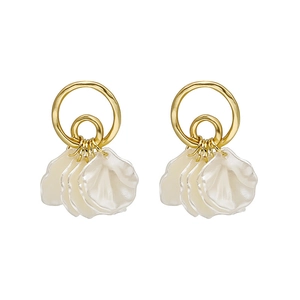 Elegant white petal drop earrings with gold interlocking rings and pearl tassel detail