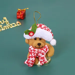 Plush Christmas bear ornament with festive red plaid hat, scarf and golden bell, 14.5cm height