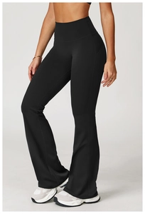 Slim fit high-waisted black flare yoga pants showing side seams and smooth fabric texture
