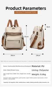 Detailed size guide of beige PU leather backpack with interior storage and dimensions