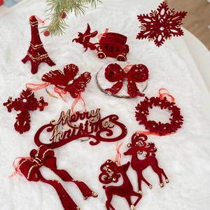 Décorations De Noël À Suspendre En Plastique Floqué Rouge Vin Avec Paillettes Dorées Et Strass Pour Décor De Sapin