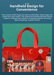 Detail of reinforced handle on non-woven Christmas gift bag with festive circus patterns