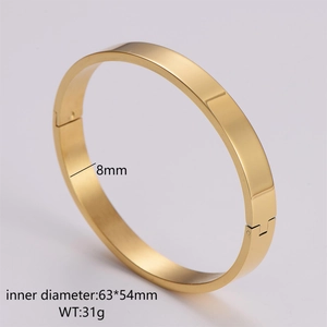 Detail showing 8mm gold-plated oval bangle dimensions 63x54mm and polished finish