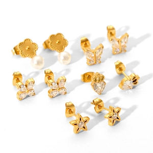 Golden stainless steel earring set with butterfly, star, and pearl floral designs
