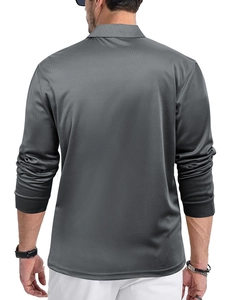 Rear view of men's dark grey long-sleeve polo shirt showing breathable mesh fabric texture