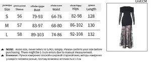 Detailed size chart for lace off-shoulder dress with measurements in centimeters