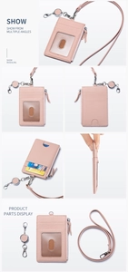 Multi-angle view of pink leather ID holder with retractable lanyard and zipper pocket