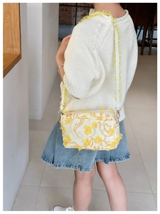 Detailed side view of floral girls crossbody bag with 3D yellow flowers and sequins