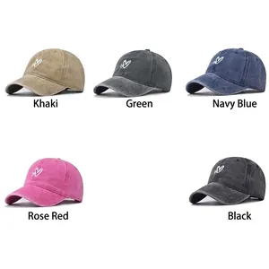 Washed cotton baseball caps in five colors with white heart embroidery logo