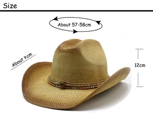 Size chart for straw cowboy hat showing 57-58cm circumference and 9cm brim width