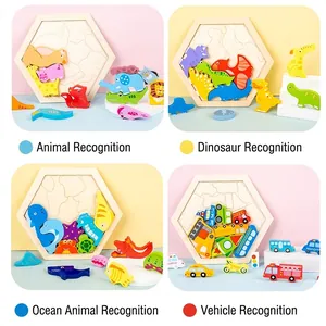Educational wooden hexagon puzzles for kids featuring animals dinosaurs and vehicles