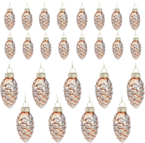 Macro detail of 25 glitter pine cone Christmas ornaments in champagne gold and silver