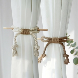 Hand Woven Cotton Jute Rope Curtain Tieback Nordic Style Bohemian Decorative Window Drapery Holder With Wooden Peg Bow Shape