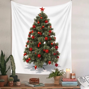 Dettaglio dell'arazzo con albero di Natale appeso con decorazioni festive