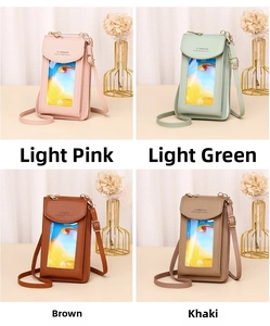 Detail showing various colors of PU leather crossbody phone bags with clear touch screens