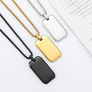 Polished stainless steel military dog tag necklaces in silver, gold, and black colors