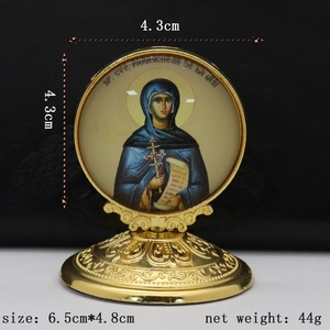 Religious Saint Parascheva metal icon ornament with gold embossed base for desktop decor