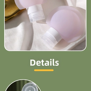 Detail of pink silicone travel bottle with white leak-proof cap and squeeze opening