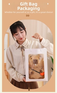 Brown capybara plush toy with orange bag and warm lights in a white gift window bag