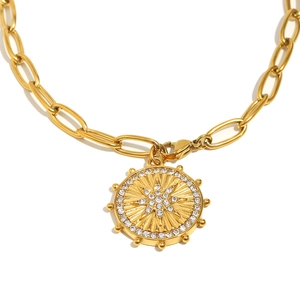 Vintage 18K gold plated stainless steel necklace with sunburst coin pendant
