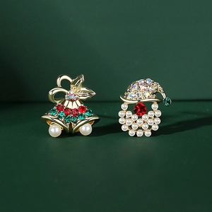 Christmas stud earrings set with bell and Santa hat icons featuring rhinestones and pearls