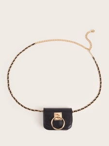 Versatile black faux leather waist bag with a gold chain and circular metal buckle