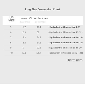 Size chart for ring diameters 15.7mm to 19.8mm and circumferences 49.4mm to 62.2mm