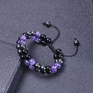 8mm Amethyst und Hämatit doppelreihiges verstellbares Magnetarmband aus Perlen