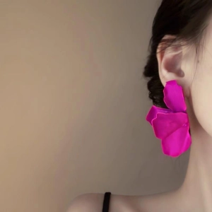 Fashionable oversized rose red flower stud earrings with a matte painted finish for women