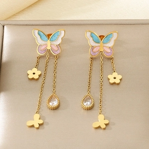 Detail of butterfly drop earrings with colorful enamel wings and waterdrop crystal pendants