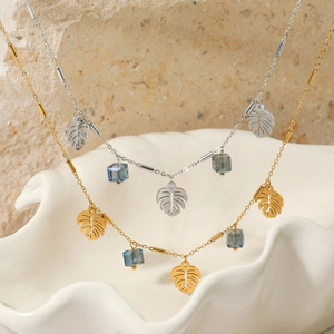 Monstera Leaf Pendant Necklace Stainless Steel Hollow Tropical Leaf With Square Blue Crystal Cube Dainty Clavicle Chain For Women