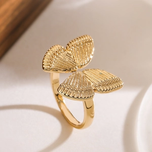 Vintage 18K gold plated butterfly open ring with detailed wing texture for women