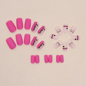 Medium long square matte press-on nails in Barbie pink and love heart patterns, 24 pieces