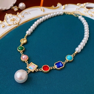 Colorful crystal pearl necklace with multi-colored gemstones and large teardrop pearl pendant