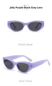 Front and side views of vintage jelly purple wide-leg sunglasses with dark grey lenses