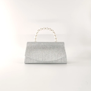 Detailed shot of silver glitter evening clutch featuring elegant pearl bead top handle