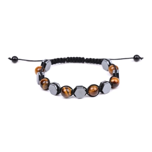 Natural tiger eye and hematite beaded bracelet with adjustable black braided cord