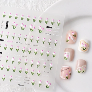 Détails des autocollants 5D tulipes roses et nail art floral en relief sur capsules