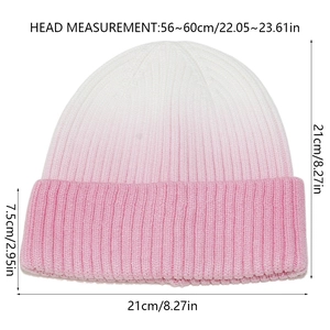 Detailed dimensions of pink gradient tie-dye knit beanie with ribbed texture and cuff