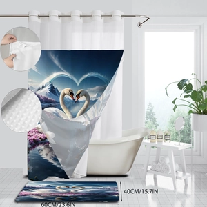 Detail of swan heart print shower curtain and matching non-slip 60x40cm bathroom floor mat