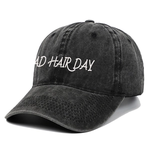 Casquette de baseball rétro en coton gris foncé délavé avec broderie BAD HAIR DAY ajustable